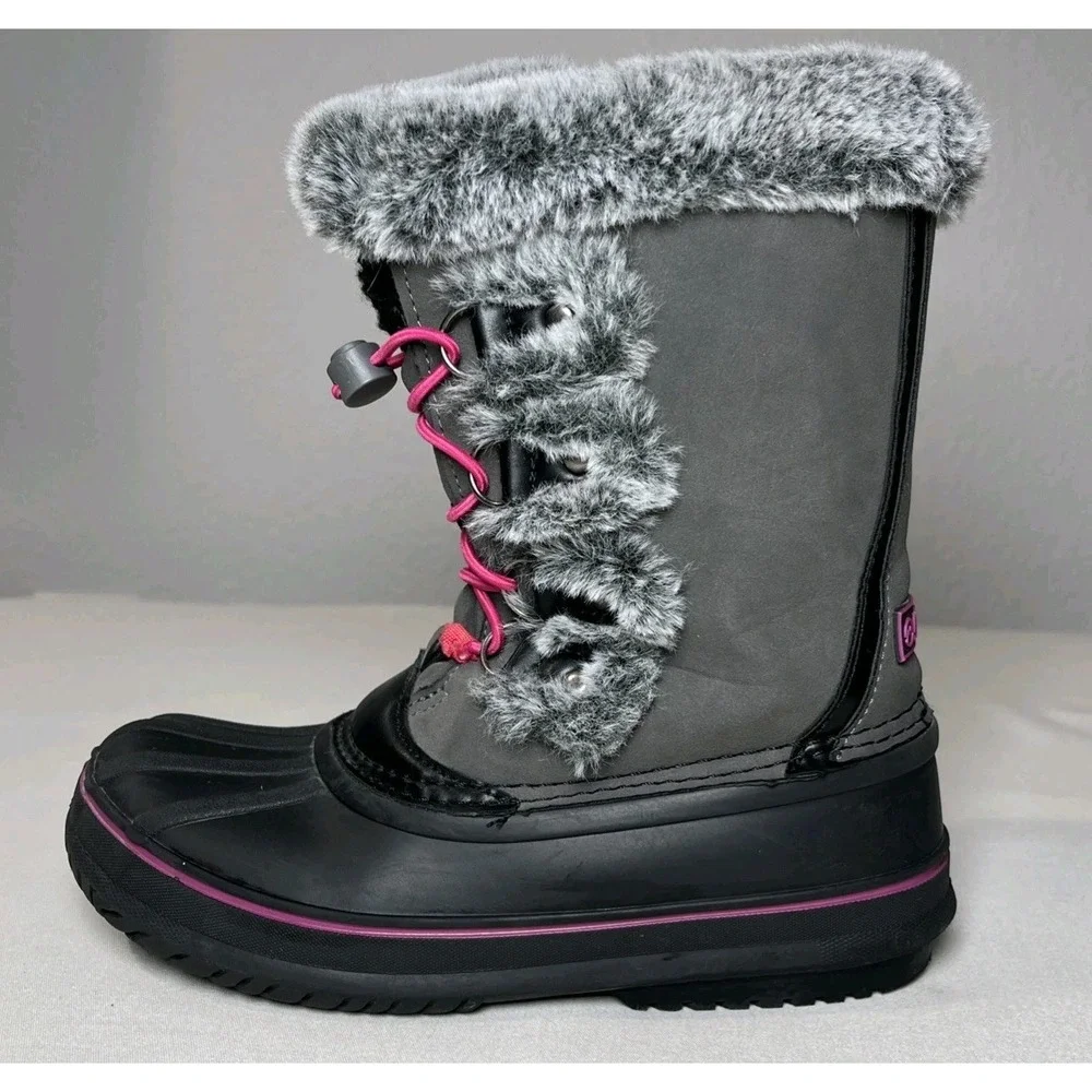 Magellan Outdoors Girls Winter Snow Boots Size 3D Gray Pink Faux Fur Waterproof
